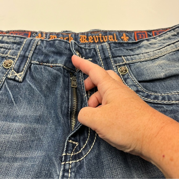 Rock Revival Helmut Straight Mens Size 33 Blue Denim Jean‎ Brushed Stripes Biker - Picture 13 of 16